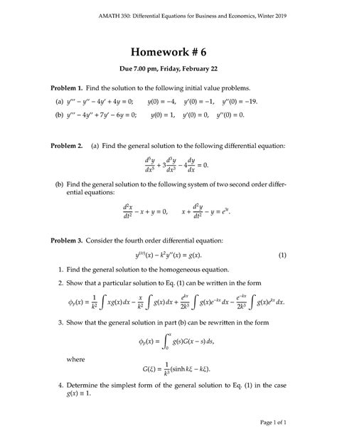 Hw06 Assignment AMATH 350 Differential Equations For Business And