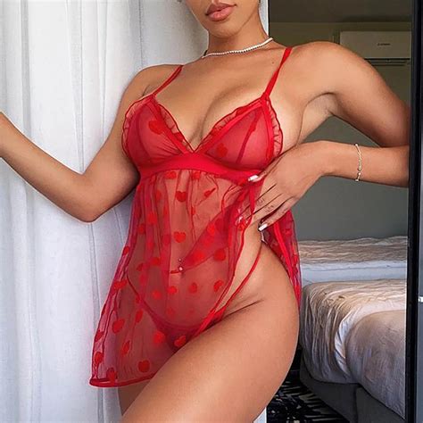 Red Lace V Neck Strap Night Dress With Thong Set Sexy Women Lace Lingerie Sexy Heart