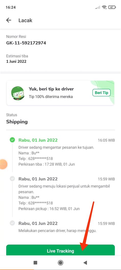 melihat  tracking pesanan grab  tokopedia tongbos