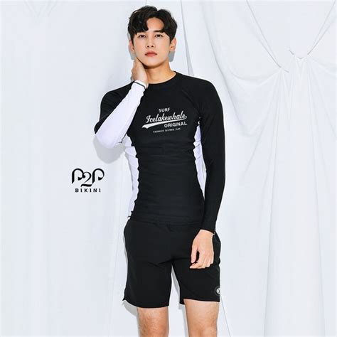 Đồ bơi Couple áo tay dài quần short hai lớp phối màu vải siêu co giãn P P Bikini Thương hiệu