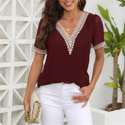 Womens Summer Tops Casual V Neck Shirts Puff Sleeve Fashion Loose