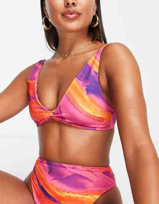 ASOS DESIGN Mix And Match Twist Front Crop Bikini Top In Sunset Marble Print ASOS