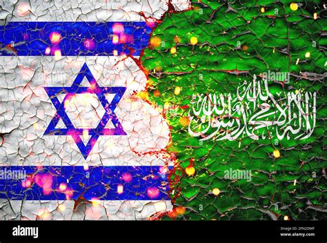 israel and hamas flags painted over cracked concrete wall.And lava ...