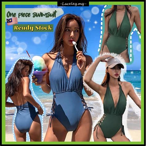 READY STOCK Deep V Side Ribbon Hot Summer One Piece Korean Style Swimsuit Swimwear Bikini 现货韩版深