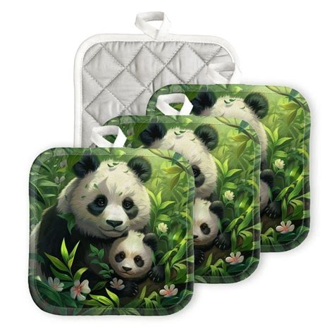 Bahomeck Pot Holder Pcs Mother Panda And Cub In The Lush Green Jungle Square Heat Resistant Hot