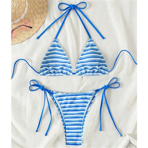 Striped Halter Bikini With Adjustable Ties Swimsuit On Luulla