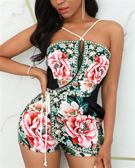 Halter Floral Print Cutout Tied Detail Romper