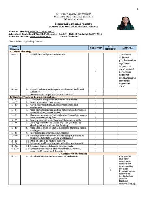 demo teaching rubric form template  learning teachers