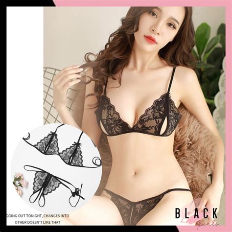 Jual Blackpink Lingerie Set Bra Dan G String Transparant Pita Bunga Shopee Indonesia