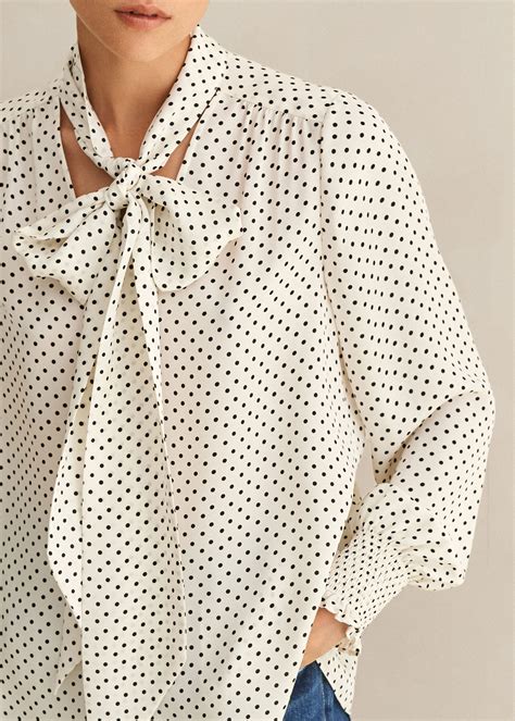 Silk Polka Dot Print Necktie Blouse Cream Black