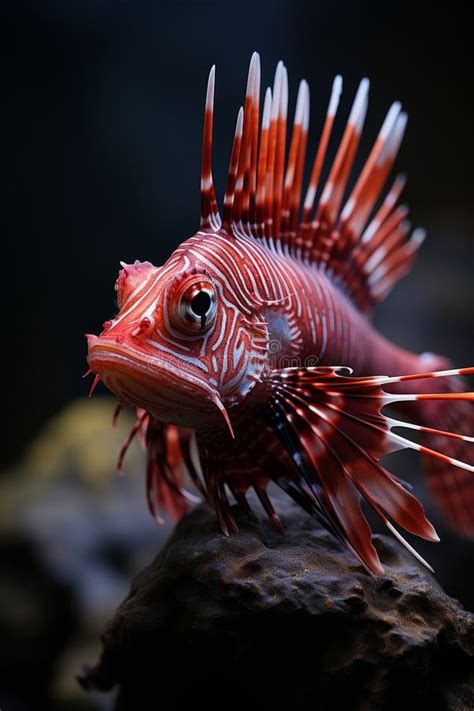 Beautiful Rare Red Striped Fish With Spiny Fins Close Up View An
