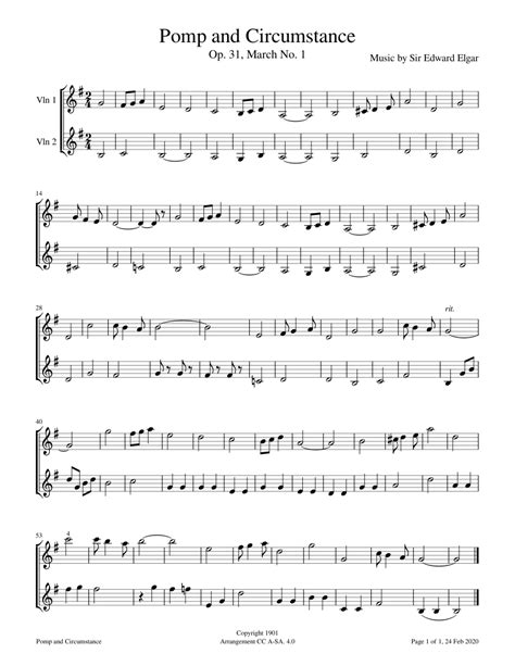 Pomp And Circumstance Sheet Music For Violin String Duet