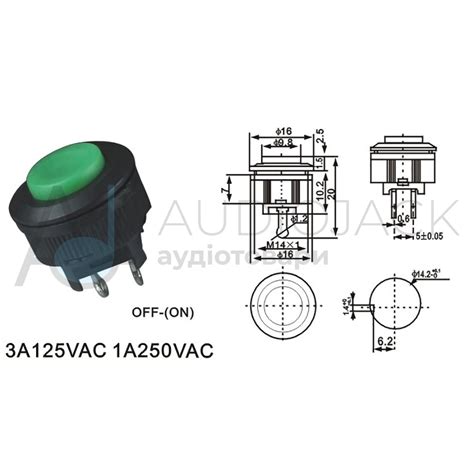 Кнопка без фиксации 14мм DS-500, короткая, на замыкание, 1A, 2pin, OFF ...