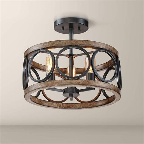 Franklin Iron Salima 16 Black And Wood 3 Light LED Ceiling Light