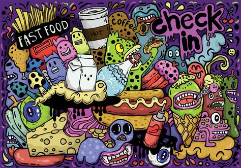 Food And Beverages Hand Drawn Graffiti Hip Hop Style Seamless Doodle