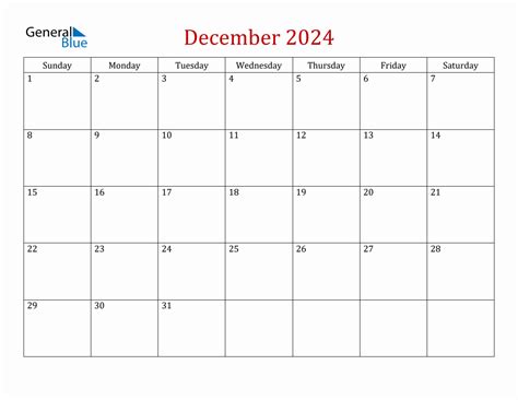 December 2024 Simple Calendar With Sunday Start