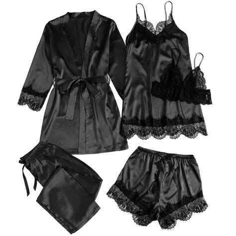 Pieces Women S Satin Sleepwear Pajama Set Robe Sexy Lingerie Bathrobe Lace Silk Night Dress