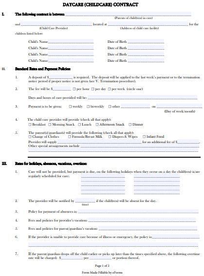Printable Daycare Contract Templates | Daycare contract, Daycare ...