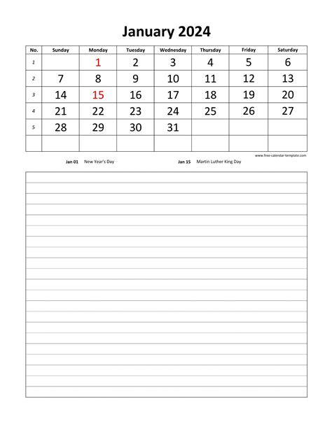 Printable 2024 January Calendar Grid Lines For Daily Notes Vertical