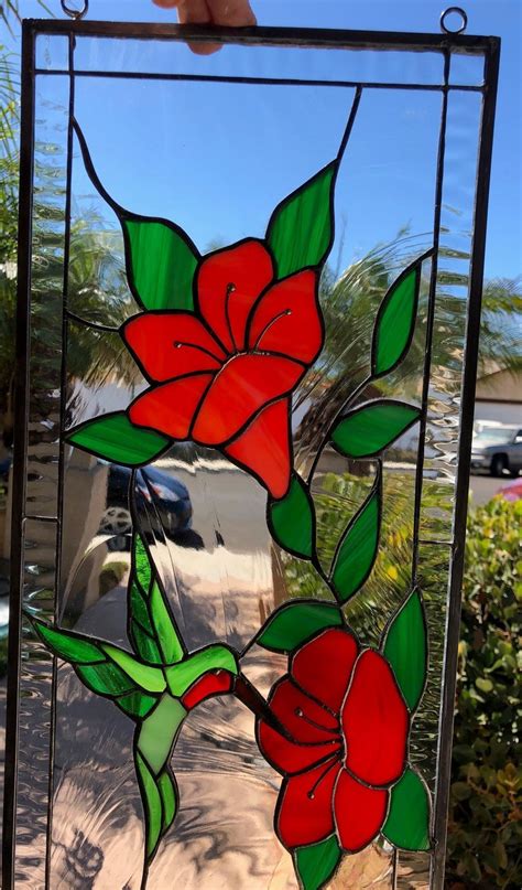 Hummingbirds Stained Glass Panel With Hibiscus Window Etsy