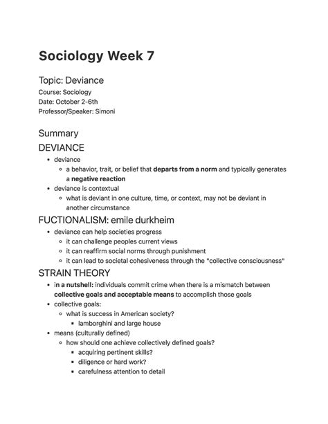 Sociology Week Week Notes About Deviance Sociology Week Topic