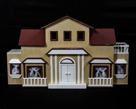 Vintage Wooden Dollhouse, Toy Playhouse, Burgundy Red, Gold Colored Wood, White Trim, 7 Room ...