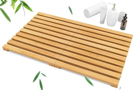 Lenwi Bamboo Bath Mat Non Slip Shower Mat For Bathroom Sturdy