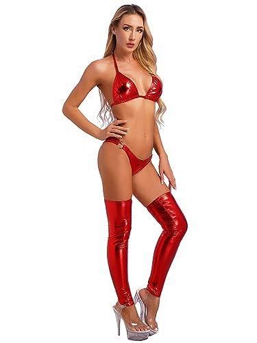 Doomiva Womens Sexy Shiny Metallic Micro Bikini Set Halter Bra Top And