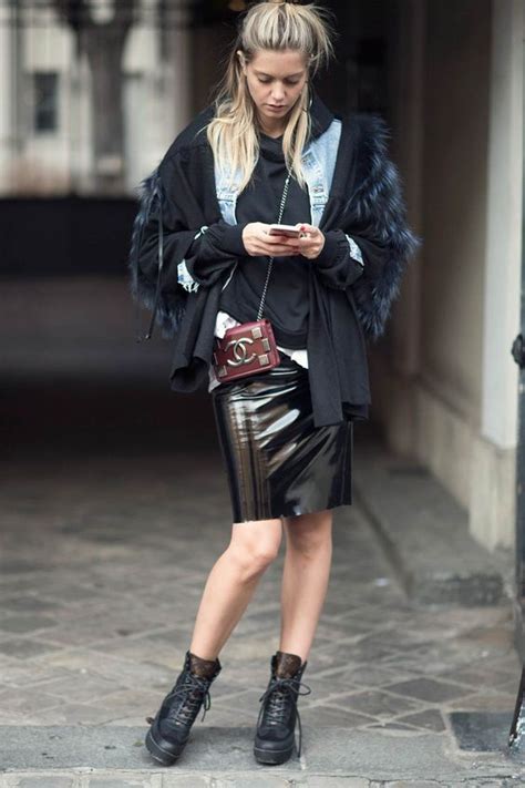 Cozy Layered Look Featuring Black PVC Pencil Skirt Denim Shirt And Fur