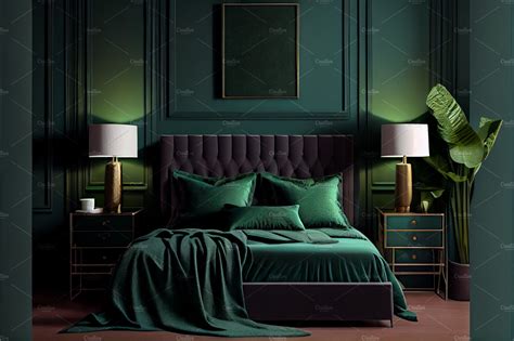 Modern Emerald Green Bedroom Interior Decorative Illustrations