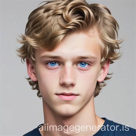 Portrait Of A Tall YearOld Boy With Short Curly Dirty Blonde Hair And Blue Eyes AI Image