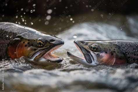 School Of Salmon Fish In Shallow River Water Migrating Upstream To