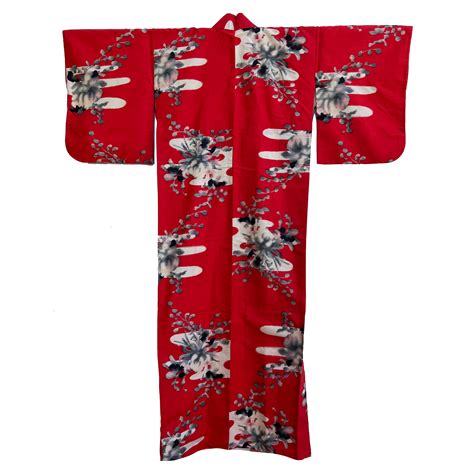 Red Silk Meisen Kimono With Bold Floral And Cloud Pattern In Black And