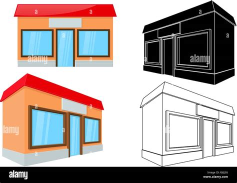 Shop building. Front and side view. 3d and outline drawing Stock Vector ...