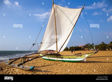 View Of Traditional Outrigger Fishing Boat Oruva With Sail On Negombo