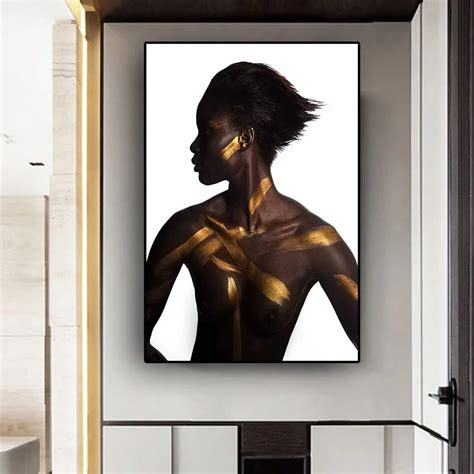 Black And Gold Nude African Woman Skin Color Oil Paint On Canvas