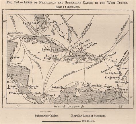 Lines Of Navigation And Submarine Cables In The West Indies 1885 Old