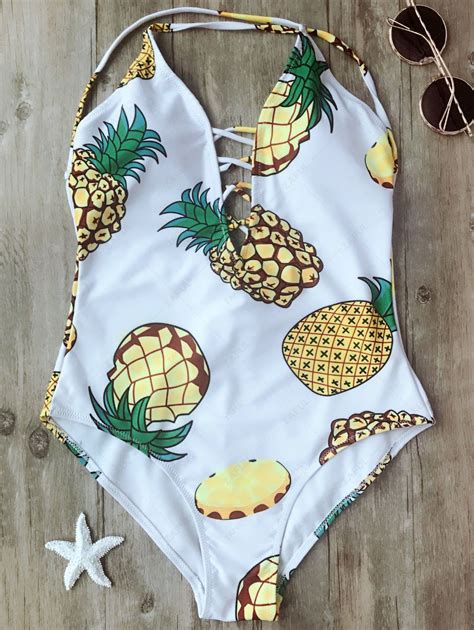 [21 Off] 2020 Shaping Pineapple Plunge One Piece Swimsuit In White Zaful