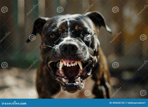 An Angry Aggressive Pit Bull Terrier Type Dog Snarling At The Camera