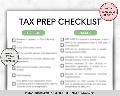Tax Prep Checklist Tracker Printable Tax Prep Tax Checklist Tax List