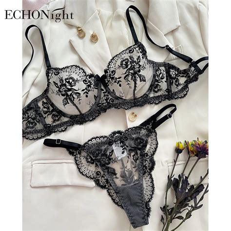 Echonight Fancy Lingerie Lace Embroidery Fairy Seamless Tulle Underwear See Through Exotic Sets