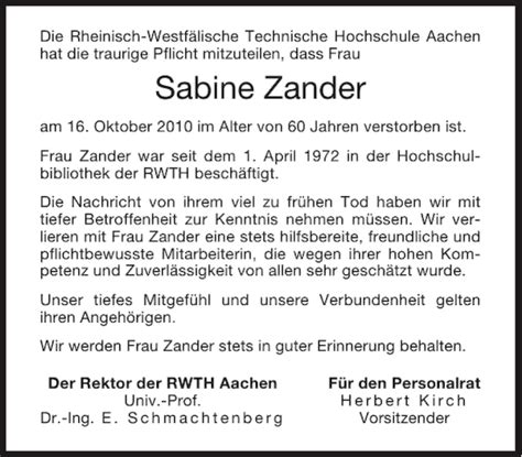 Traueranzeigen Von Sabine Zander Aachen Gedenkt