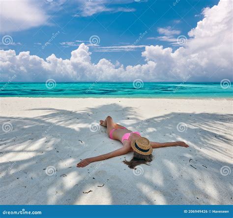 Woman In Bikini At Tropical Beach Under The Palm Tree Stock Photo Image Of Idyllic Blue