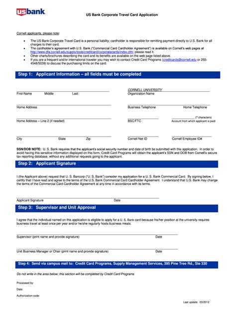 Fillable Online Dfa Cornell US Bank Corporate Travel Card Application