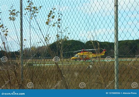 Yellow Rescue Helicopter Parked In A Local Airport Editorial Photo