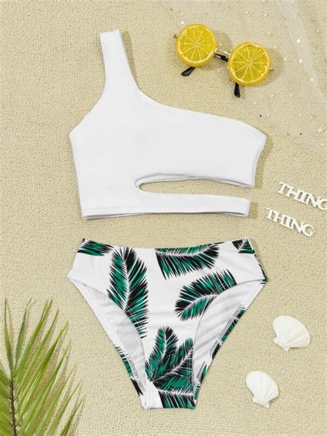 Girls Leaf Print Cut Out One Shoulder Bikini Swimsuit SHEIN USA