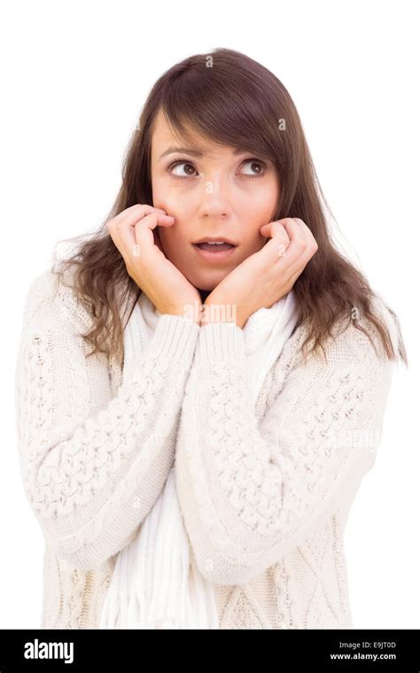 Cute Brunette Looking Surprised With Hands On Face Stock Photo Alamy