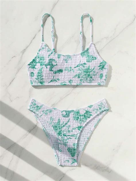 SHEIN Swim Floral Print Gather Push Up Bikini Set With Thin Straps Two Piece Swimwear Bathing
