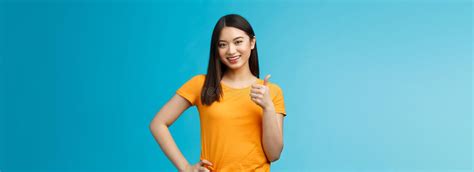 Confident Cheerful Asian Brunette Girl Show Thumb Up Satisfied Give Approval Liking Good