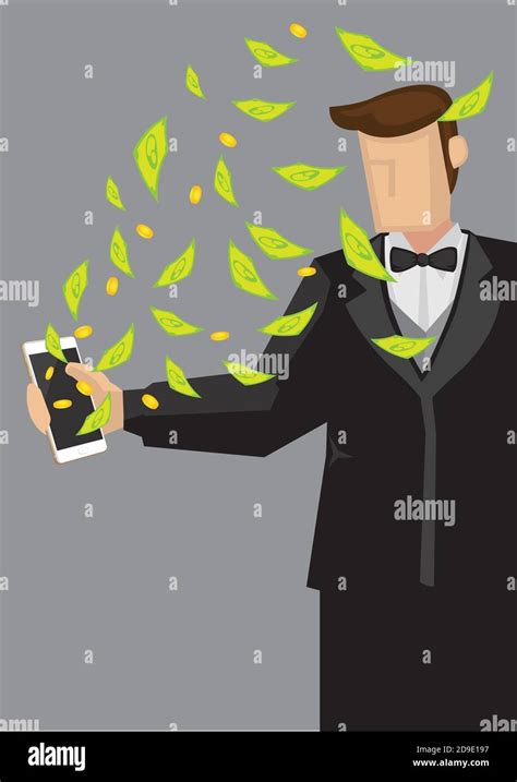 Rich Man Wearing Tuxedo Suit Holding Mobile Phone With Money Flying Out